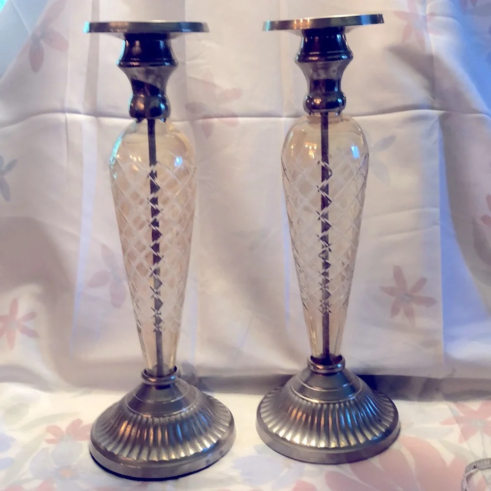 Vintage Iridescent Glass and Silvertone Brass 13”Candlesticks made India